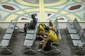 Center seating area of Ã¢â¬â¹Ã¢â¬â¹passengers waiting to board a train at Hua Lamphong Railway Station, Bangkok, Thailand